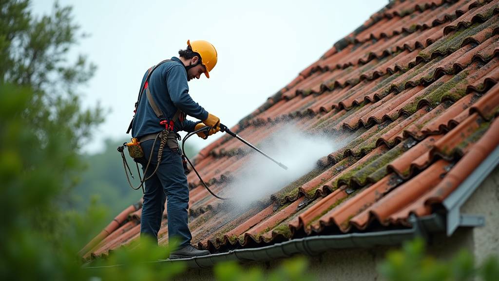 Toiture en tuiles fortement enverdie par la mousse avant démoussage à Bayonne